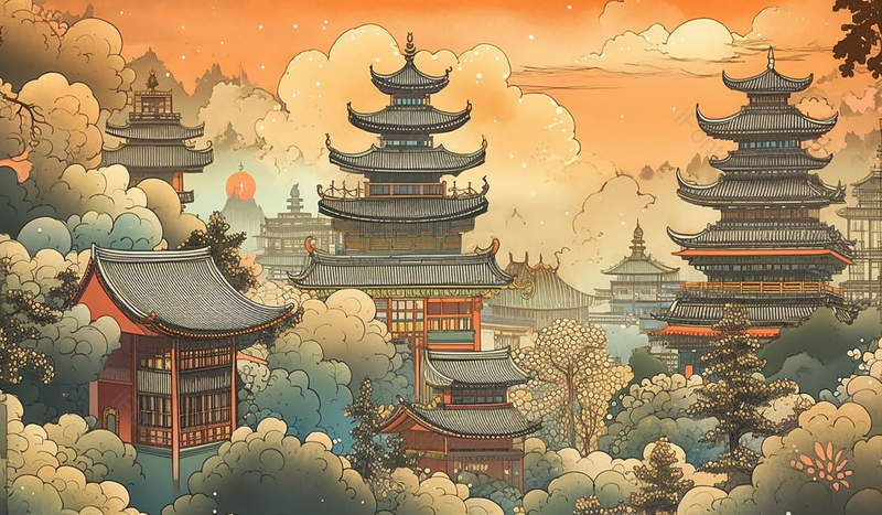 中华文化历史文化建筑殿堂阁楼祥云中国风国潮风古典复古插画,插画/手绘图,插画/手绘图库,插画/手绘图下载,插画/手绘